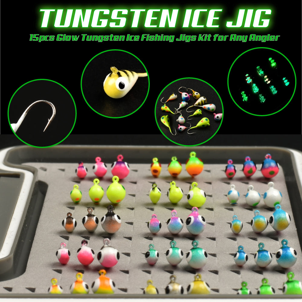 MUUNN 45pcs Tungsten Ice Fishing Jig Head Set,Boxed Winter All Glow Color 0.50G - 1.85G Multicolor Hook Perch Bluegill Crappie Ice Soft Lure Tackel
