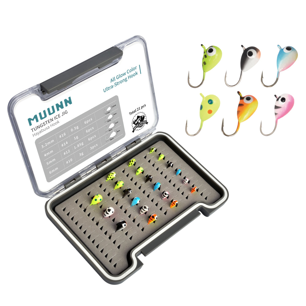 MUUNN New 21pcs Tungsten Glow Ice Fishing Jigs With Premium Jig Box,3.2mm~6.0mm Winter Ice Hooks Pike Carppie Perch Panfish Lure