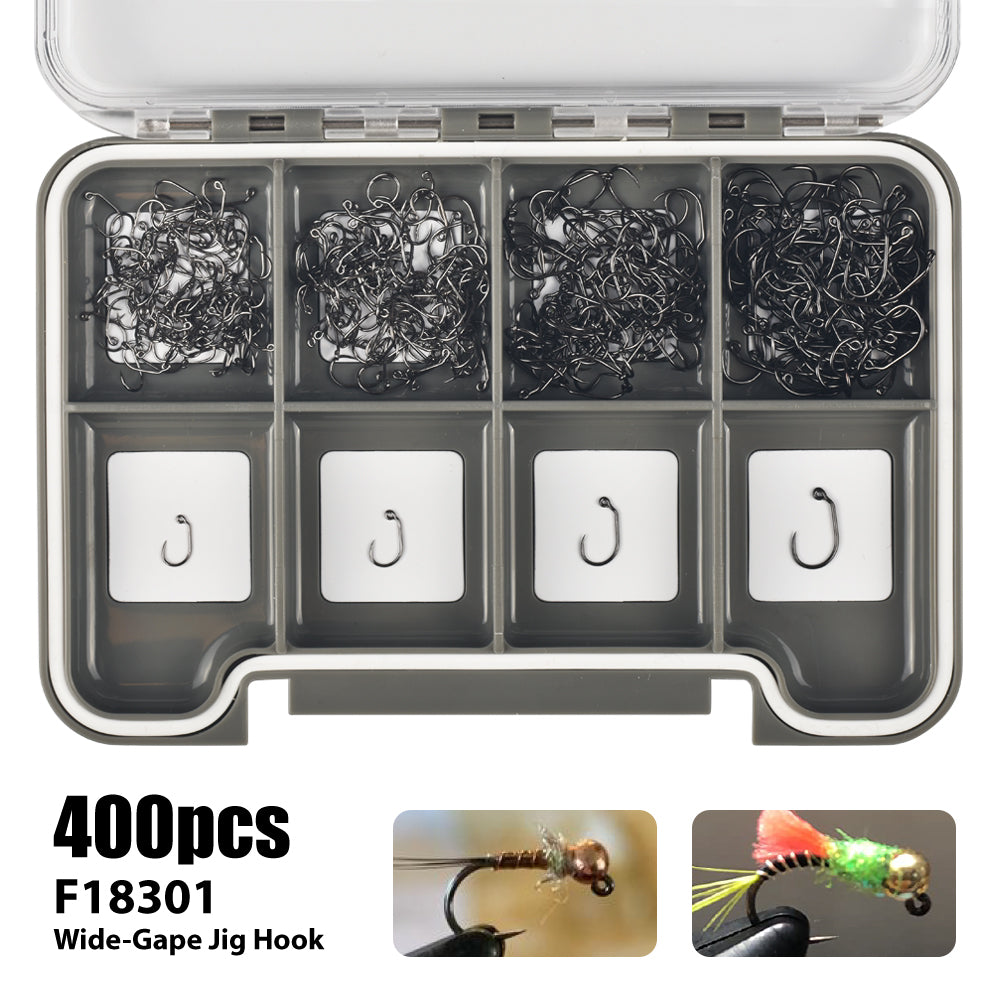 MUUNN 400PCS Fly Fishing Hooks Set,Size#10-#18,Dry Nymph Shrimp Wide Gape Jig Wet Caddis,Barbless Tying Hooks