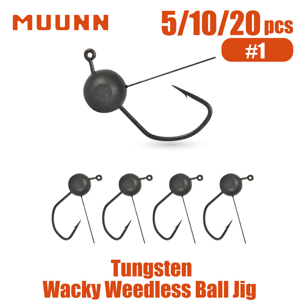 MUUNN Tungsten Wacky Weedless Ball Jig Heads, Wacky Rig/Texas Rig Hook Finesse Jig for Soft Plastics/Wacky Worms Bass Fishing