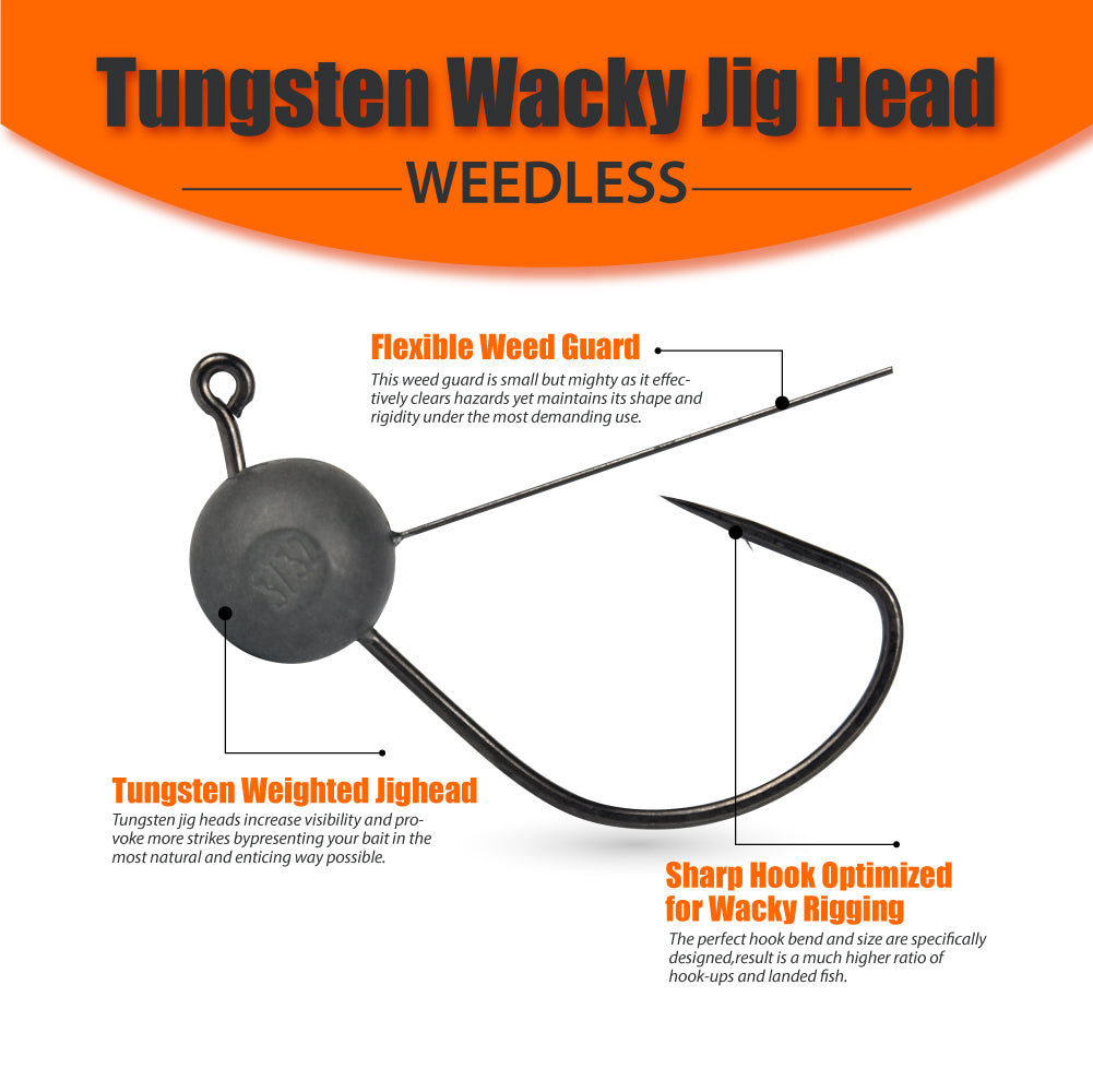 MUUNN Tungsten Wacky Weedless Ball Jig Heads, Wacky Rig/Texas Rig Hook Finesse Jig for Soft Plastics/Wacky Worms Bass Fishing