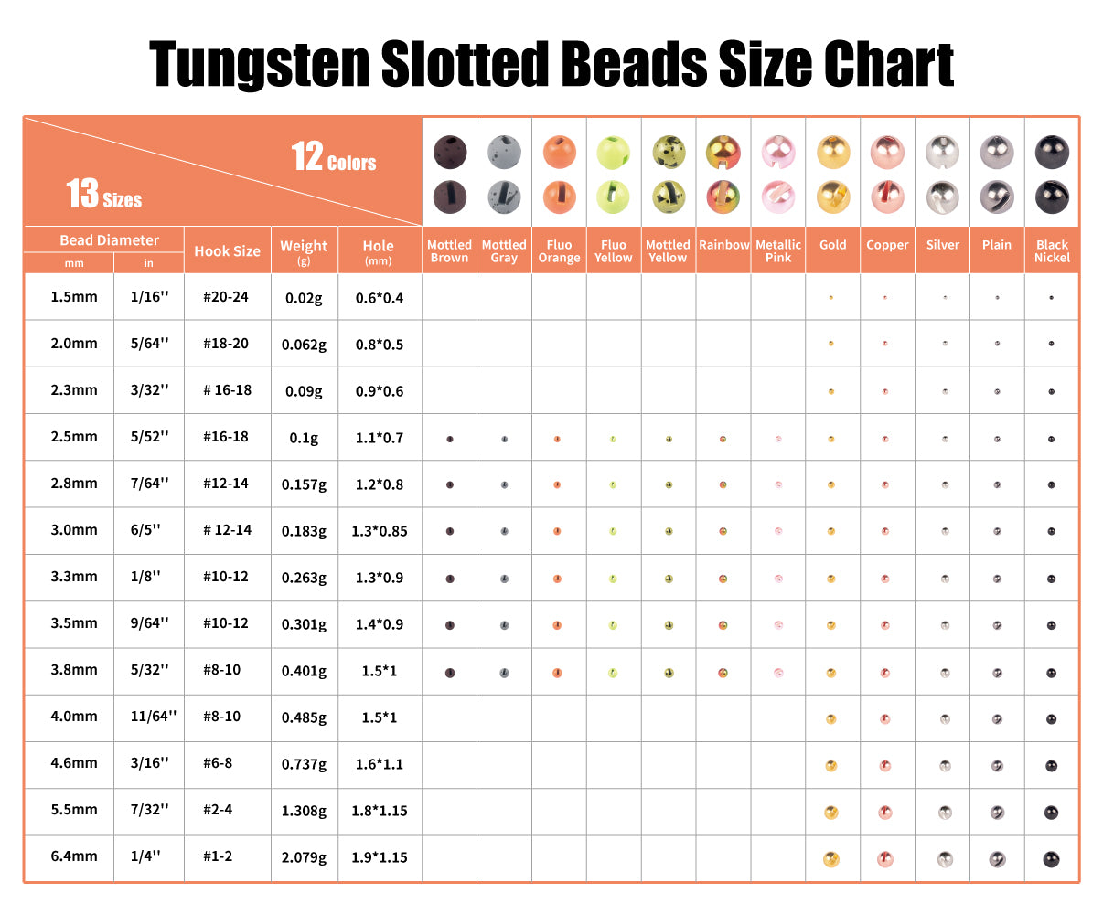MUUNN 100pcs 3.8-6.4mm Tungsten Slotted Beads Fly Tying Material Multi-Color Fly Fishing Tungsten Beads