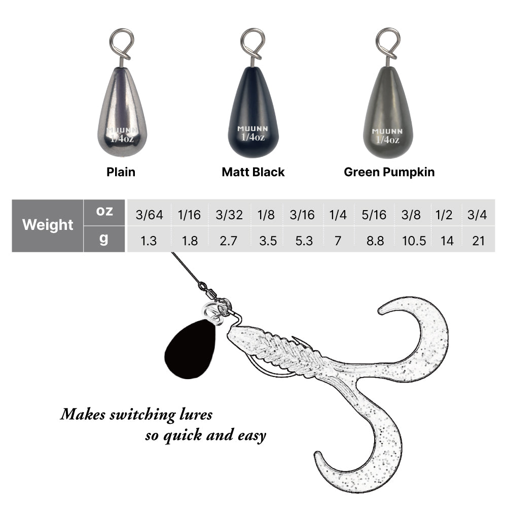 MUUNN 10PCS Tungsten Sinker Shot Tear Drop Weight,1.3g-10.5g,Jika/Free Rig Line Hook Connector,Bass Perch Trout Wrasse Fishing Lure Tackel