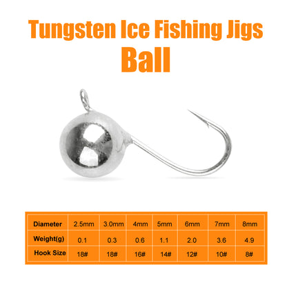 MUUNN 25pcs 50pcs Tungsten Ball Ice Jig Tungsten Ice Jig Head Fishing Set,Boxed 50 lot 2.5mm 3mm 4mm 5mm 6mm 7mm 7mm  8mm Hook