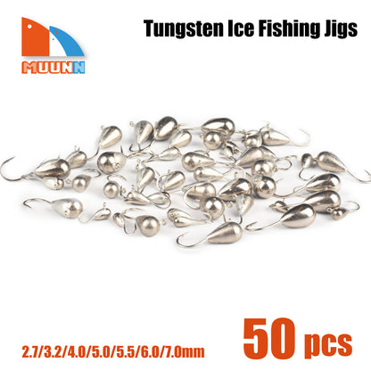 MUUNN 50PCS Tungsten Tear Drop Ice Jigs,Winter Hook Plain 2.7mm/3.2mm/4mm/5mm/5.5mm,Pike Trout Perch Lure Tackel