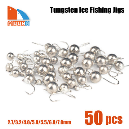 MUUNN 50PCS Tungsten Ball Ice Jigs,Winter Hook Plain 2.5/3/4/5/6/7/8mm,Pike Trout Perch Lure Tackel