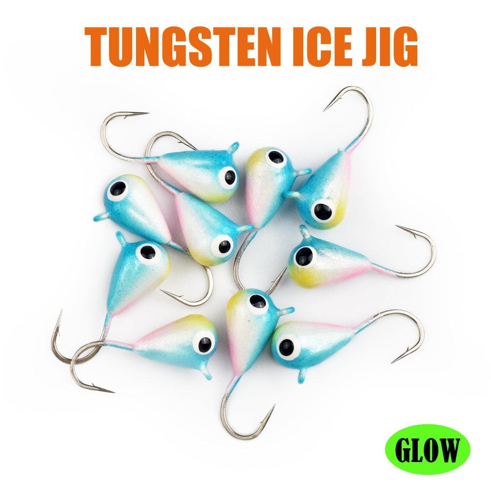 MUUNN 10pcs Ice Fishing Tungsten Jig Head Glow Multicolour 2.7mm-7mm Ice Jig Hayabusa Hook ,0.20g-4.40g Winter Carp Trout Lures