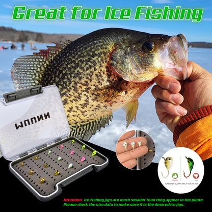 MUUNN 15pcs Tungsten Ice Fishing Jig Kit,Boxed UV Glow Jigs,Multicolor Hayabusa Hook Winter Perch Crappie Bluegill Softlure Bait