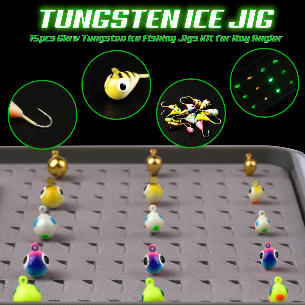 MUUNN 15pcs Tungsten Ice Fishing Jig Kit,Boxed UV Glow Jigs,Multicolor – MUUNN  FISHING TACKLE