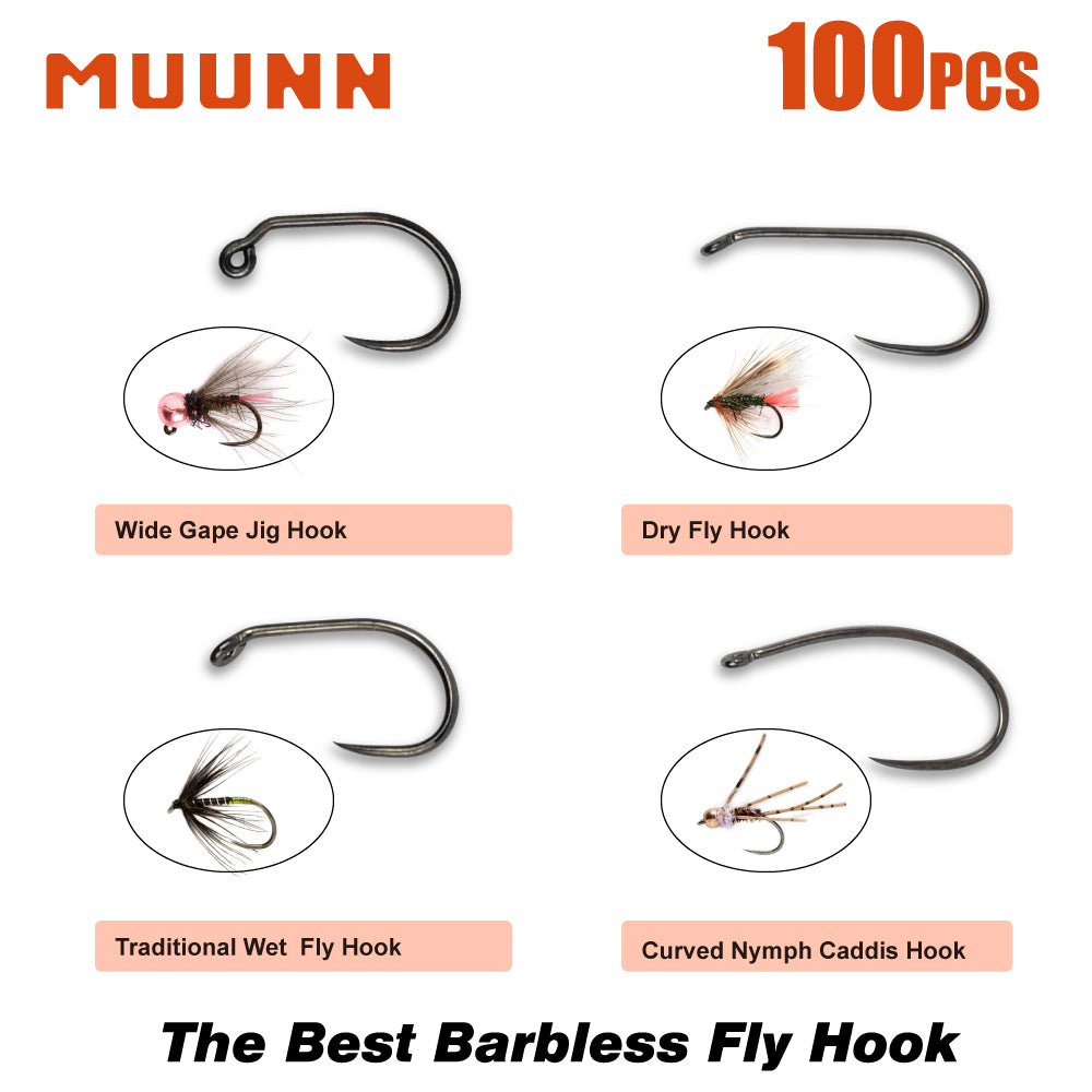 MUUNN 100PCS Fly Fishing Hooks,Dry Nymph Shirmp Wet Caddis,Wide Gape Jig Head Barless Hooks,High-Carbon Steel Fly Tying Hooks