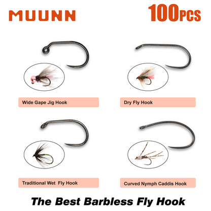 MUUNN 100PCS Fly Fishing Hooks,Dry Nymph Shirmp Wet Caddis,Wide Gape Jig Head Barless Hooks,High-Carbon Steel Fly Tying Hooks