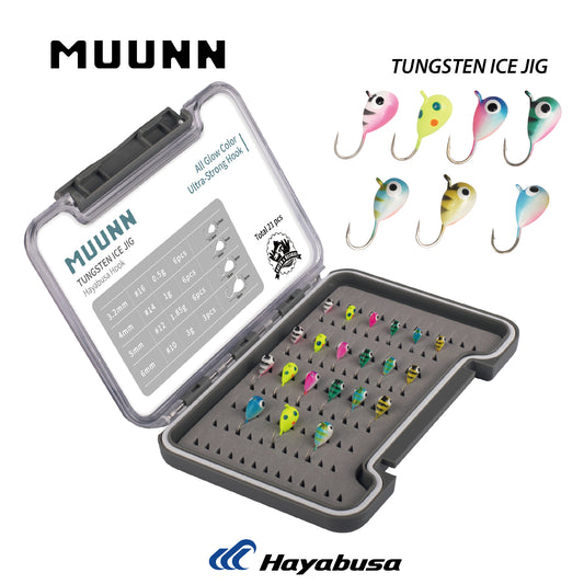 MUUNN 21pcs Tungsten Ice Fishing Jig Head Set,3.2/4.0/5.0/6.0mm Winter Ice Jig Head Combo Colorful Hooks Crappie Perch Wrasse Soft Lure Tackel