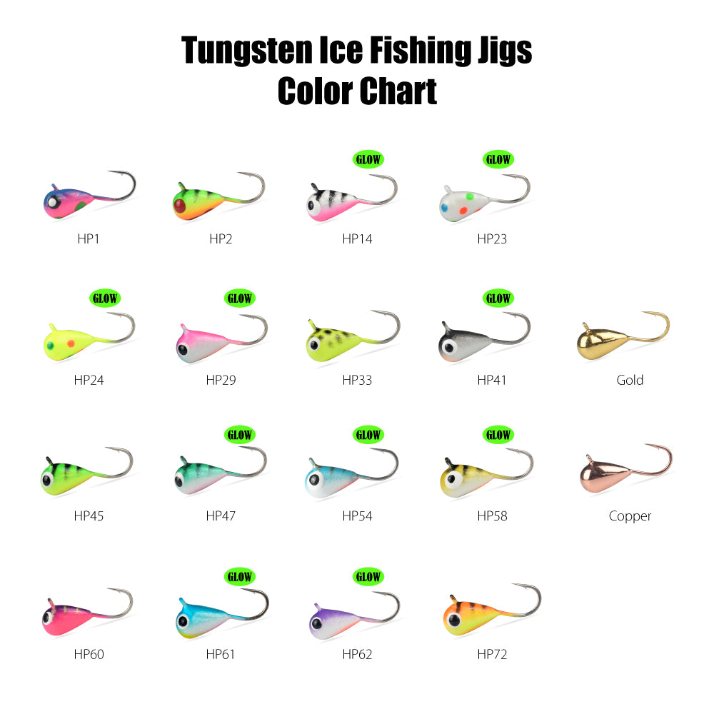 MUUNN New 21pcs Tungsten Glow Ice Fishing Jigs With Premium Jig Box,3.2mm~6.0mm Winter Ice Hooks Pike Carppie Perch Panfish Lure