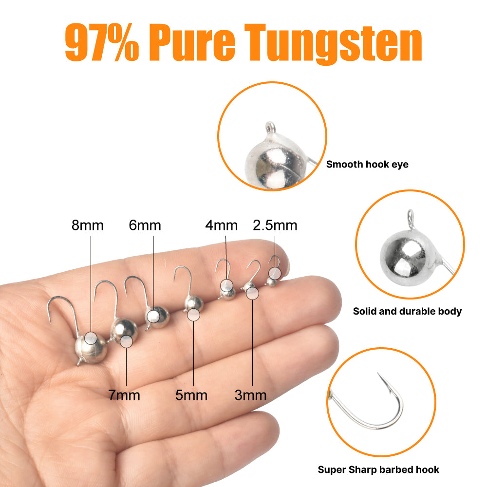 MUUNN 25pcs 50pcs Tungsten Ball Ice Jig Tungsten Ice Jig Head Fishing Set,Boxed 50 lot 2.5mm 3mm 4mm 5mm 6mm 7mm 7mm  8mm Hook