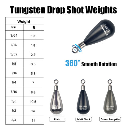 MUUNN 10PCS Tungsten Tear Drop Shot Weight,1.3g-10.5g,Jika Rig Sinkers Line Hook Connector,Bass Trout Salmon Fishing Lure