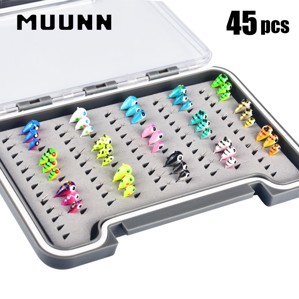 MUUNN 45pcs Tungsten Ice Fishing Jig Head Set,Boxed Winter All Glow Color 0.50G - 1.85G Multicolor Hook Perch Bluegill Crappie Ice Soft Lure Tackel