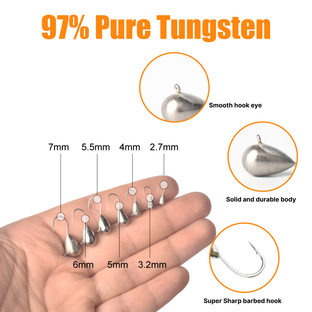 MUUNN 50PCS Tungsten Tear Drop Ice Jigs,Winter Hook Plain 2.7mm/3.2mm/4mm/5mm/5.5mm,Pike Trout Perch Lure Tackel