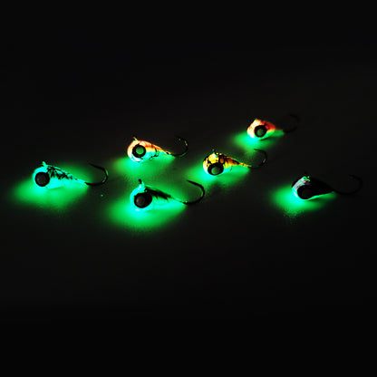 MUUNN 10pcs Tungsten Mormyshka Tear Drop Jigs UV Glow,3.2mm-5mm Hayabusa Hook Winter Perch Bluegill Crappie Soft Lure Tackel