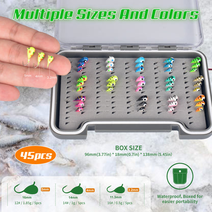 MUUNN 45PCS Tungsten Ice Fishing Jig Head Set,Boxed Winter All Glow Color,0.50G - 1.85G Multicolor Hook Perch Bluegill  Ice Bait