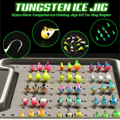 MUUNN 45PCS Tungsten Ice Fishing Jig Head Set,Boxed Winter All Glow Color,0.50G - 1.85G Multicolor Hook Perch Bluegill  Ice Bait