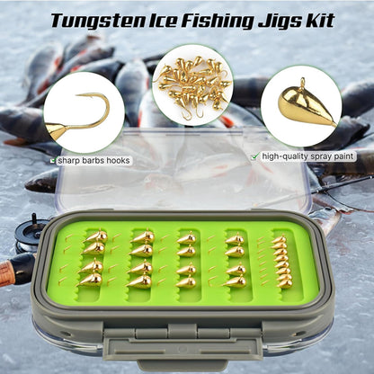 MUUNN 24pcs/18pcs Tungsten Winter Golden Color Ice Fishing Hook Waterproof Double Sided Set, 3.2mm/4.0mm/5.0mm Fishing Jigs, Perch Crappie Walleye Softlure Bait Hook