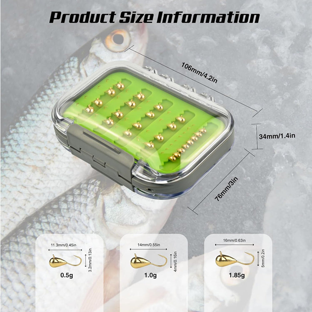 MUUNN 24pcs/18pcs Tungsten Winter Golden Color Ice Fishing Hook Waterproof Double Sided Set, 3.2mm/4.0mm/5.0mm Fishing Jigs, Perch Crappie Walleye Softlure Bait Hook