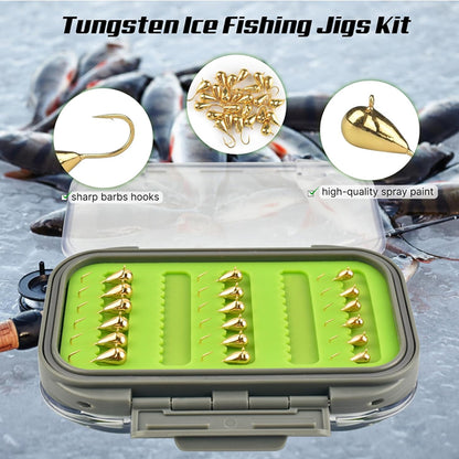 MUUNN 24pcs/18pcs Tungsten Winter Golden Color Ice Fishing Hook Waterproof Double Sided Set, 3.2mm/4.0mm/5.0mm Fishing Jigs, Perch Crappie Walleye Softlure Bait Hook