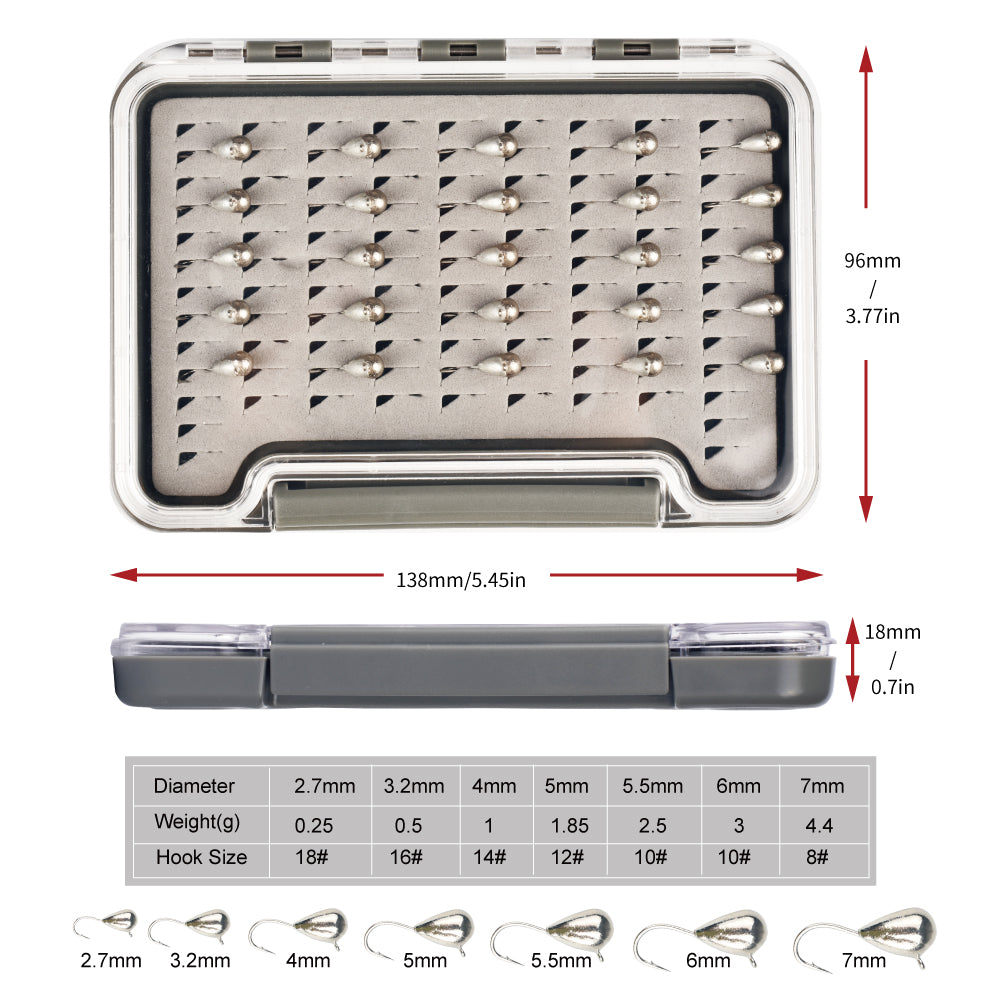 MUUNN 25/50pcs Tungsten Tear Drop Ice Fishing Jig Set,Boxed 2.7mm~7mm Winter Perch Crappie Walleye Ice Bait Kit