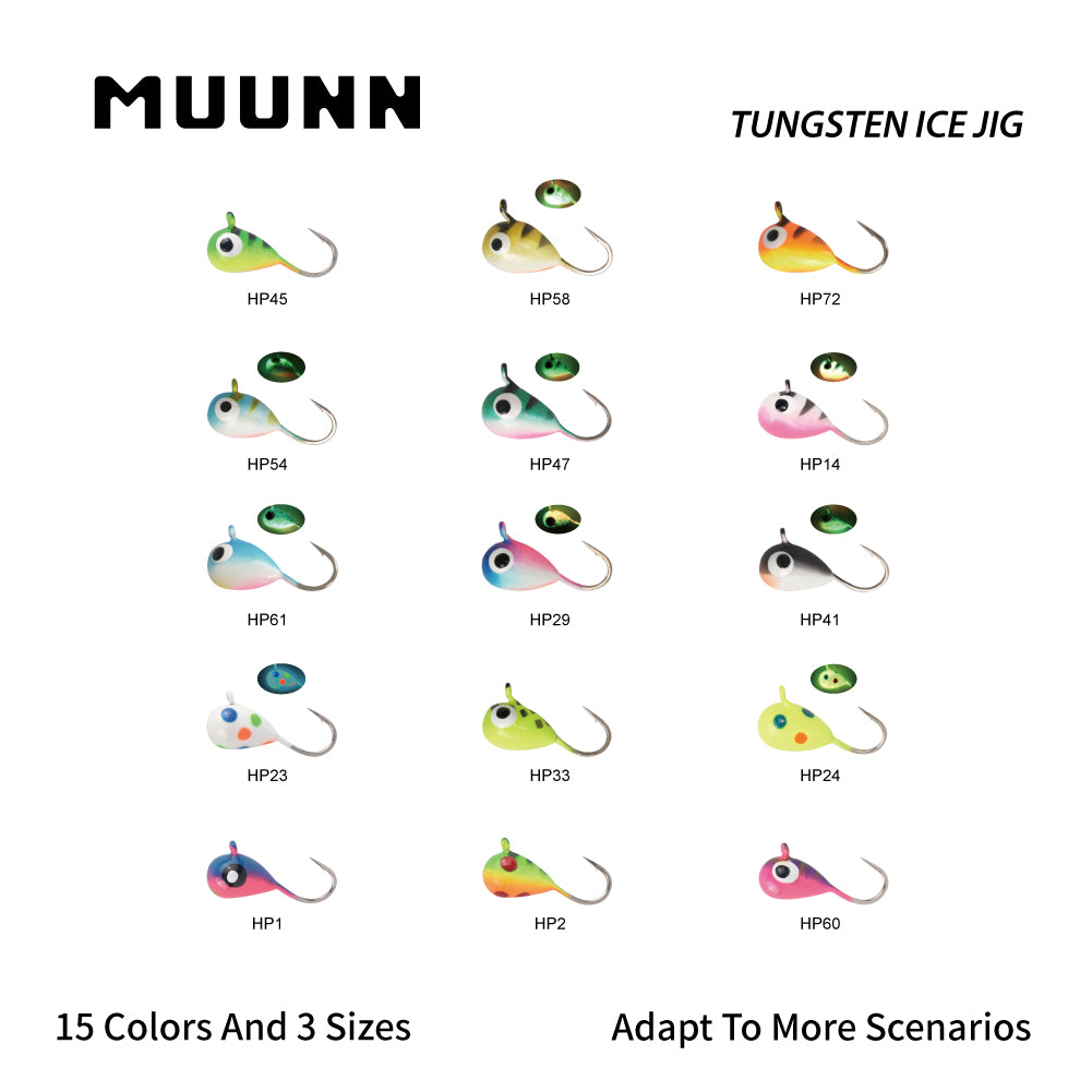 MUUNN 45PCS Tungsten Ice Fishing Jig Head Set,Boxed Winter All Glow Color,0.50G - 1.85G Multicolor Hook Perch Bluegill  Ice Bait